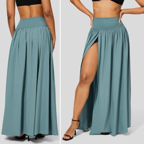 NEW Halara Breezeful High Waisted Maxi Skirt XS Mineral Blue Flowy High Slit - Picture 4 of 6